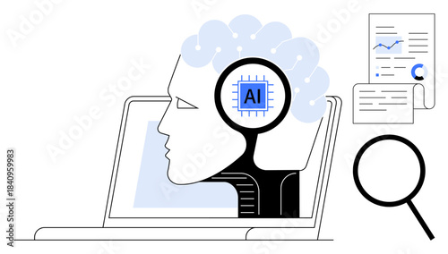 Human head with AI chip on laptop, magnifying glass, data charts. Ideal for technology, AI, innovation, analysis, future research education. Represents simple flat metaphor