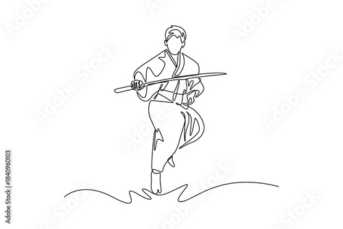 Single one line drawing human samurai warrior jumping in traditional Japanese clothes, holding katana sword in front of him. Action, motion art. Continuous line draw design graphic vector illustration