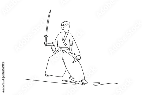 Single one line drawing samurai warrior in low, ready fighting stance, holding sharp katana sword prepared for battle. Power Japanese tradition. Continuous line draw design graphic vector illustration