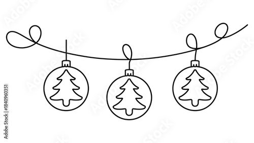 Minimalist continuous line drawing of hanging Christmas baubles with tree silhouettes on a decorative garland, perfect for holiday cards, festive décor and seasonal designs