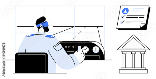 Operator adjusting control panel in monitoring room, accompanying checklist, and government building. Ideal for compliance, governance, operations, workflow management, responsibility, monitoring