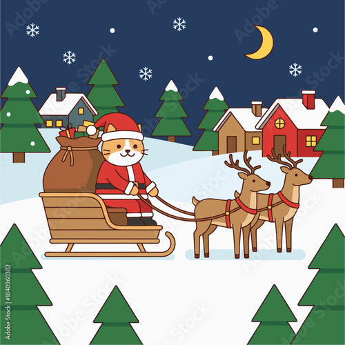 Cute Cat Wearing Santa Claus Costume Riding Sleigh with Reindeer Delivering Gifts in Winter Night Village.