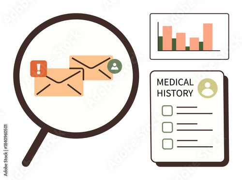 Magnifying glass over emails with alert and user icons, bar chart, medical history document. Ideal for healthcare, communication, technology, data analysis, notifications, management simple flat