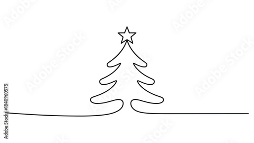Minimalist continuous line drawing of a Christmas tree with a star topper in simple modern style, perfect for holiday cards, festive designs and seasonal artwork