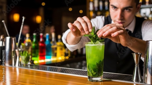 バーテンダーがカクテルを丁寧に飾り付け爽やかなミントの香りが漂う瞬間を捉えた写真