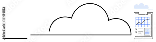 Cloud computing, data analysis, business growth, technology services, online management, digital storage solutions. A cloud and clipboard with a growth chart. Cloud computing and data analysis