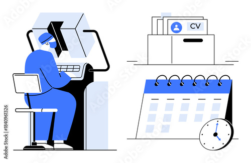 Recruitment process. Digital resume screening alongside job applications, candidate evaluations, and scheduling interviews. Recruitment visual for HR, hiring managers, career platforms, workforce
