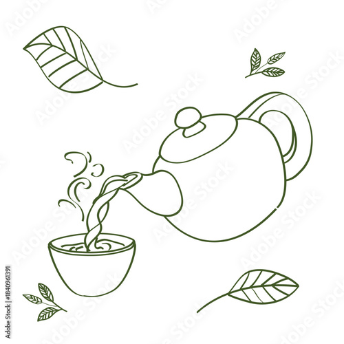 Chinese traditional tea poured from the pot to the pottery cup and tea leaves element. Doodle or hand drawing line style vector illustration. 
