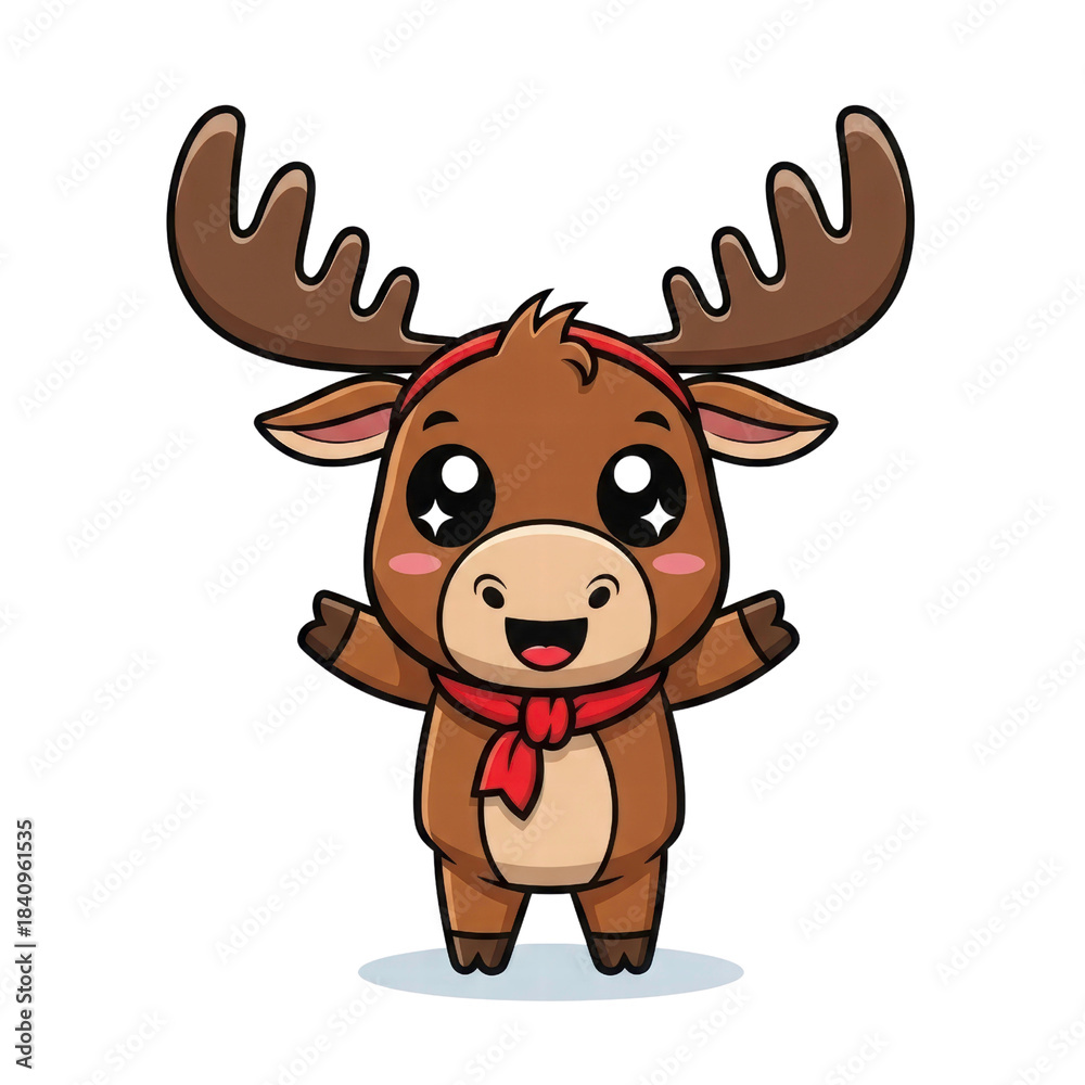 Fototapeta premium Adorable Moose Character: A cheerful moose character with a welcoming smile, adorned with a red scarf and a headband, stands ready to embrace the day, radiating warmth and friendliness.