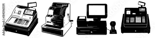 Set Black and White Silhouette cashier machine vector for retail, finance, and payment concepts. Symbolizes transaction, sales, and clean graphic equipment.
