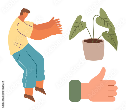 Man extending arms, green-leafed potted plant, and thumbs-up gesture. Ideal for growth, approval, sustainability, positive mindset, eco-friendly actions encouragement teamwork. Simple flat metaphor