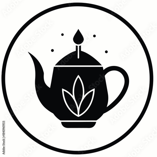 Flat Black Teapot Icon with Botanical Leaf Detail