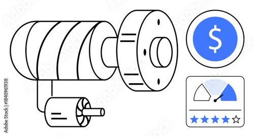 Industrial mechanism visuals. Image includes a mechanical component, performance gauge, and financial symbol to highlight business productivity and efficiency. For engineering, analytics