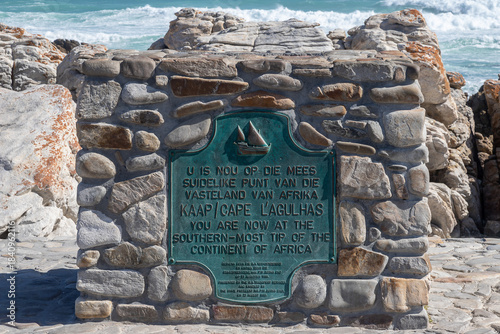 Historic Stone Marker at Cape Agulhas Point by the Southern Ocean, Africa's Southernmost Tip