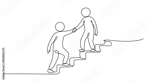 Minimalist continuous line drawing of two people climbing stairs and helping each other, symbolizing teamwork, support, leadership, collaboration and success