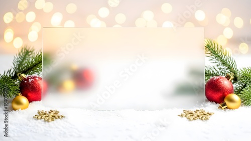 Blank Frosted Christmas Scene with Pine, Baubles, Stars, and Warm Holiday Bokeh Lights