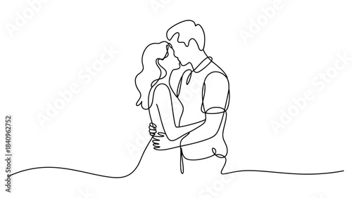“Romantic one-line drawing of a couple embracing, minimalist continuous line art of love, affection, intimacy and emotional connection illustration design”
