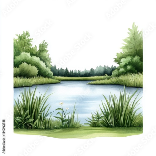 Tranquil Nature Scene with Lush Greenery and Serene Water Reflection