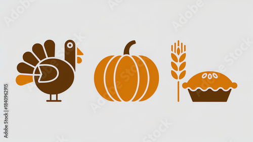Festive Turkey Pumpkin Pie Icons for Autumn and Thanksgiving Themes