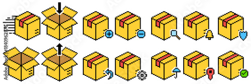 Set pixel shipping box icon vector for retro e-commerce and 8-bit delivery interfaces. Symbolizes packaging, logistics, and simple pixelated cargo.