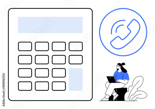 Digital communication concept. symbolic of a calculator, a phone call icon, and a person using a laptop. Perfect for finance, communication, technology, remote work, and productivity visuals