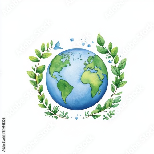 Earth surrounded by green leaves and a butterfly illustration for eco themes