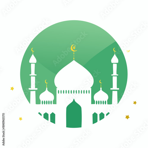 Elegant mosque illustration with crescent moon and stars, embodying Islamic cultural heritage and spiritual celebrations for events like Ramadan or Eid