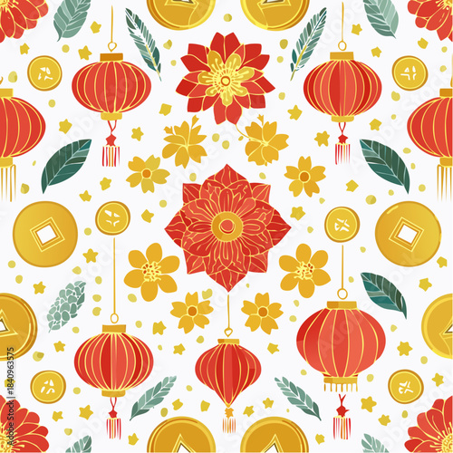 Vibrant Lunar New Year seamless background featuring decorative red lanterns, lucky gold coins, and festive floral elements
