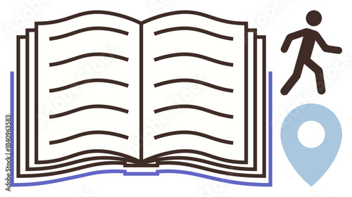 Open book, walking figure, and location marker reflecting knowledge, discovery, learning, education, journey, literacy and personal growth. Ideal for education exploration adventure simple flat