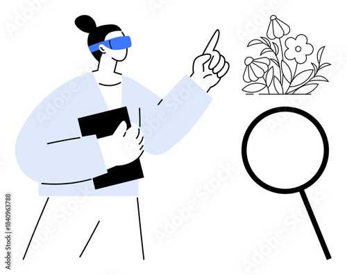 Technology in nature, scientific discovery, research, augmented reality, environmental studies, plant analysis. Person with AR device pointing at plants near magnifying glass. Augmented reality