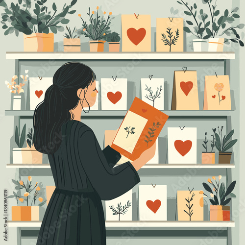 Joyful woman selecting charming heart-themed cards and gift wrapping supplies in a bright, modern store aisle , vector style simple color