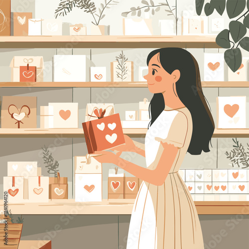 Joyful woman selecting charming heart-themed cards and gift wrapping supplies in a bright, modern store aisle , vector style simple color