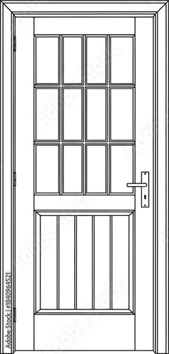 A black and white line art illustration of a traditional ninepane glazed front door with a vertically paneled lower section.