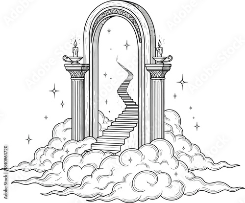 A handdrawn celestial archway with a winding staircase ascending through clouds and stars.