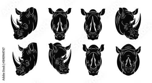 A collection of monochrome rhinoceros head illustrations in various poses