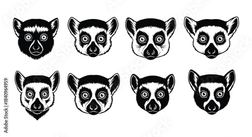 Eight stylized lemur heads in a black and white graphic arrangement