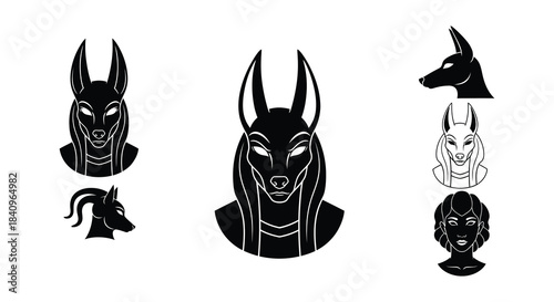 Ancient egyptian anubis jackal god heads illustration in black and white