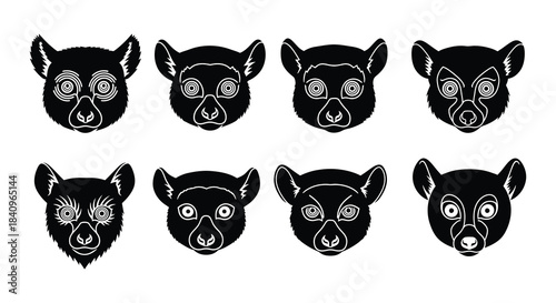 A collection of stylized lemur head illustrations in black and white