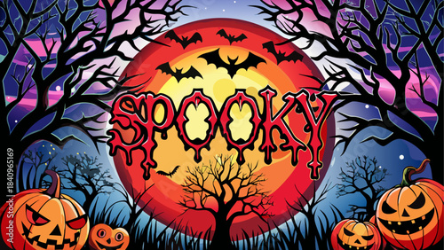 Halloween scene with spooky text and pumpkins