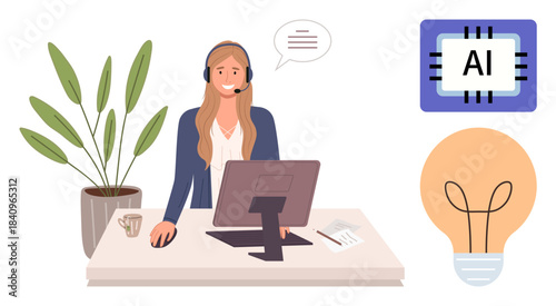 Woman wearing headset working on computer, AI chip and light bulb symbols nearby. Ideal for automation, innovation, customer support, teamwork, technology, problem-solving creativity. Simple flat