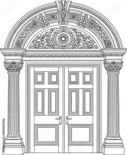 Elaborate classical arched doorway with fluted columns ornate carvings and paneled double doors.