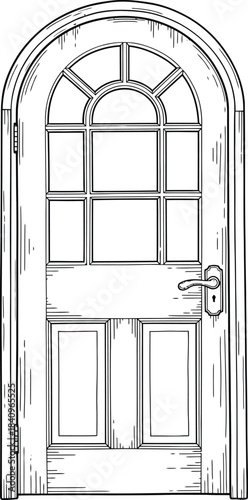 Handdrawn illustration of a classic arched wooden door with glass panes and raised panels.