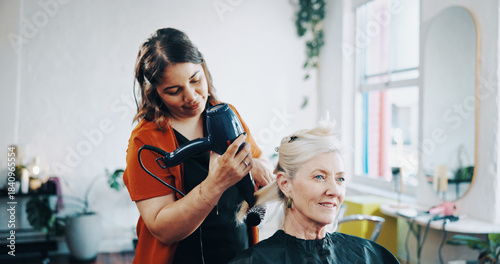 Fotografía Blow dry, curling and style with people at hairdresser for appointment, consulting or treatment