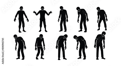Silhouettes of multiple zombie figures in various decaying and frightening poses