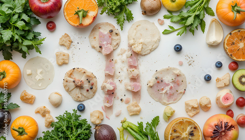 “Top view of colorful fresh fruits and vegetables neatly arranged on white background, clean healthy eating concept, copy space.”
