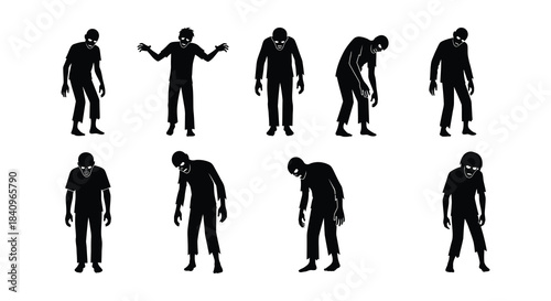 Silhouettes of multiple zombie figures in various decaying and frightening poses