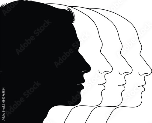 Black Silhouette of a Man's Head Profile Repeated in a Line Drawing Fade, Illustrating Concepts of Identity, Cloning, Human Progression, and Repetition