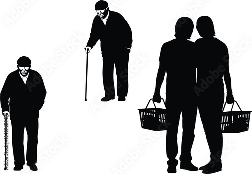 Black Silhouette of Isolated Elderly Men with Canes and Two Young People Shopping, Representing Different Generations of Customers