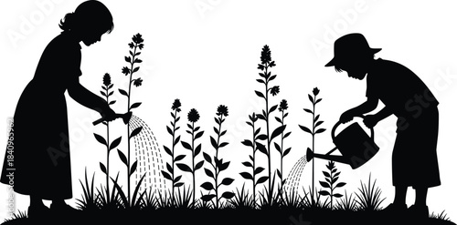 Black Silhouette of Two Young Girls, Sisters, Working Together Watering Flowers and Plants in a Beautiful Outdoor Summer Garden