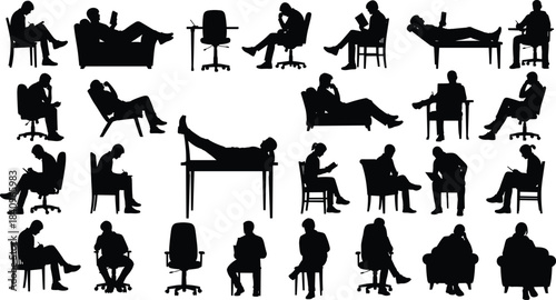 Collection of diverse people silhouettes sitting in chairs, reading books, using laptops, and working in various relaxed and concentrated study or office poses